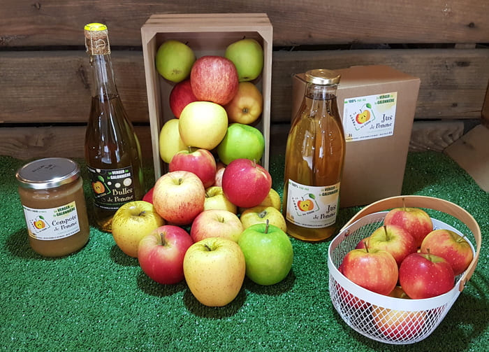 Gamme complète des produits du verger de la galonnière qui comprend du pétillant, du jus et de la compote de pommes